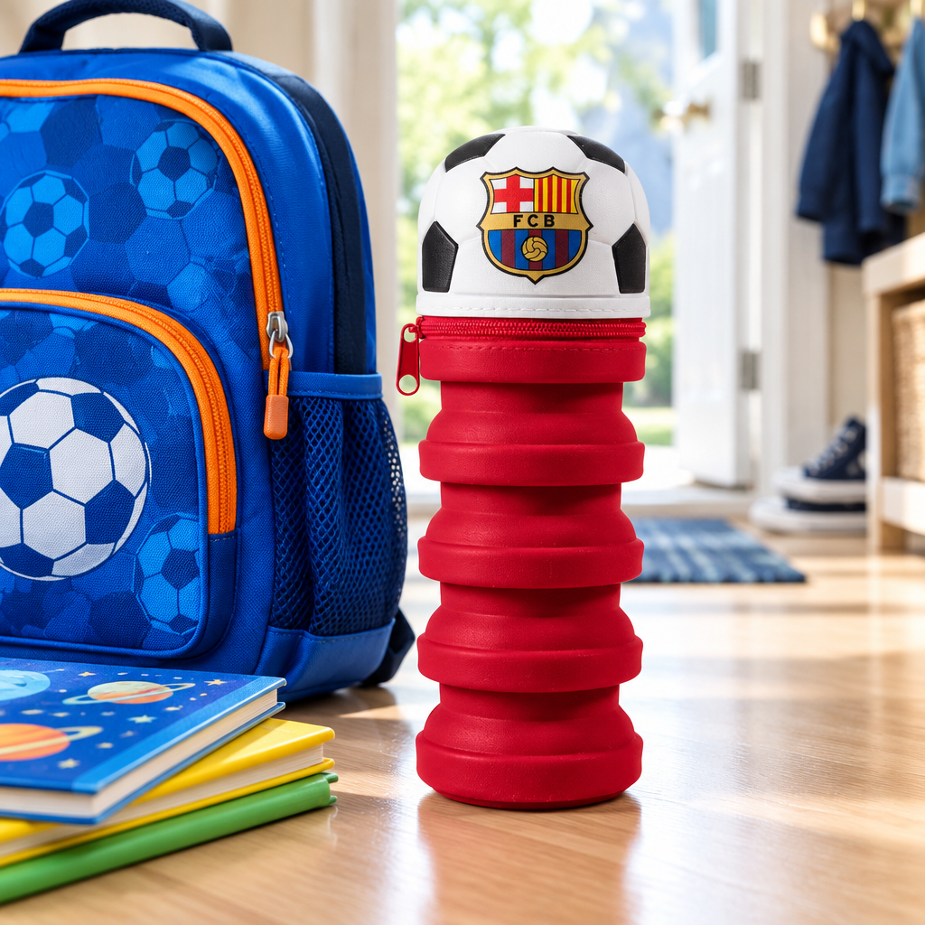 Astuccio telescopico Barça vicino a uno zaino scolastico