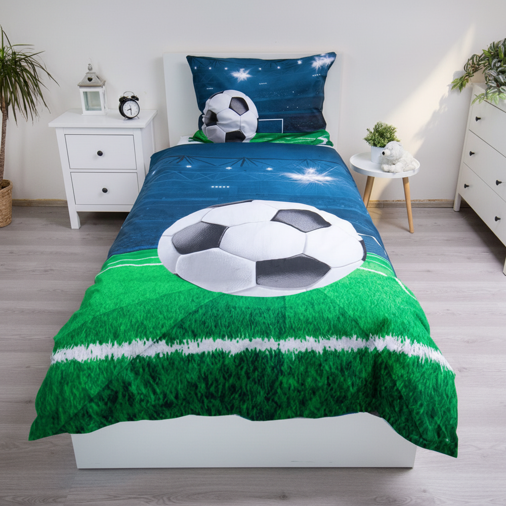 Cameretta bambino con set letto calcio doubleface blu verde pallone stadio