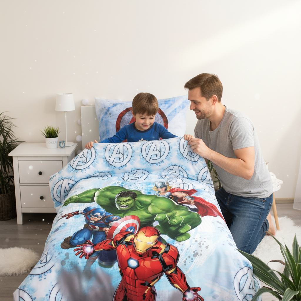 Papà e bambino sistemano letto con set Avengers doubleface