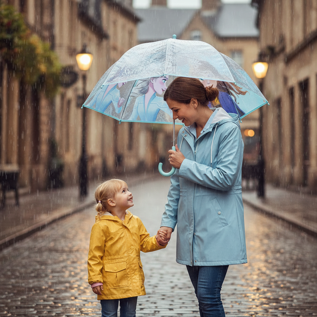 Mamma e bambina con ombrello Frozen trasparente camminano mano nella mano