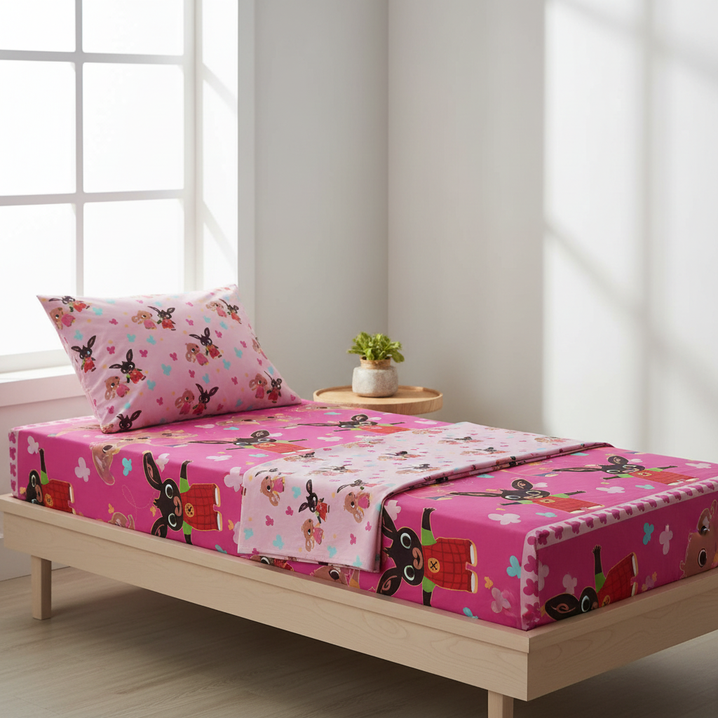 Vista laterale set letto Bing coprimaterasso fucsia perfettamente aderente HD