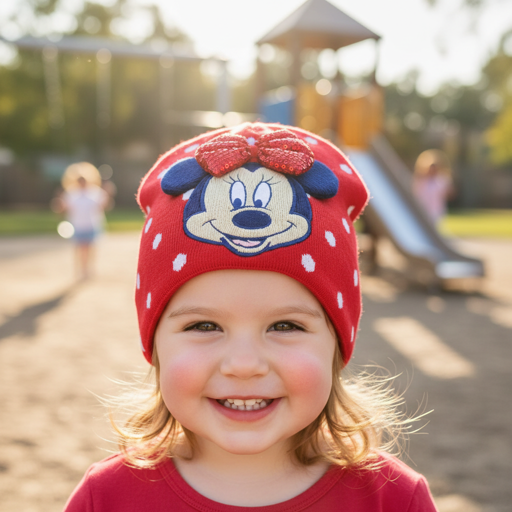Bambina sorridente indossa cappello Minnie Mouse rosso con pois bianchi e fiocco paillettes