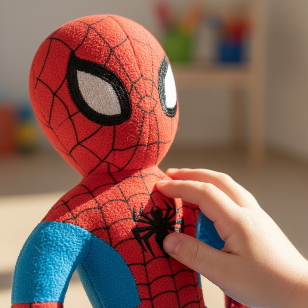 Dettagli qualità materiali morbidi peluche Spiderman