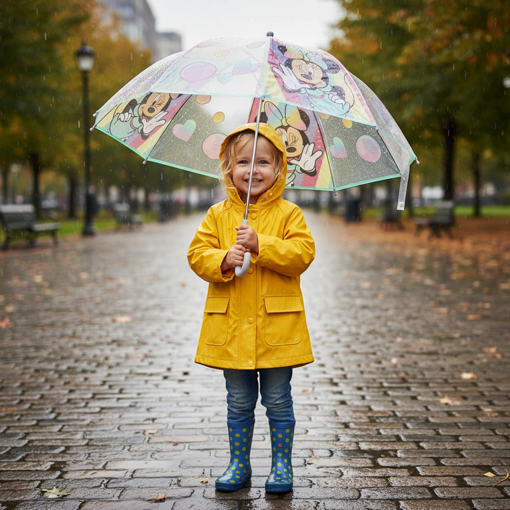 Bambina sorridente tiene ombrello Minnie Mouse trasparente con grafica colorata