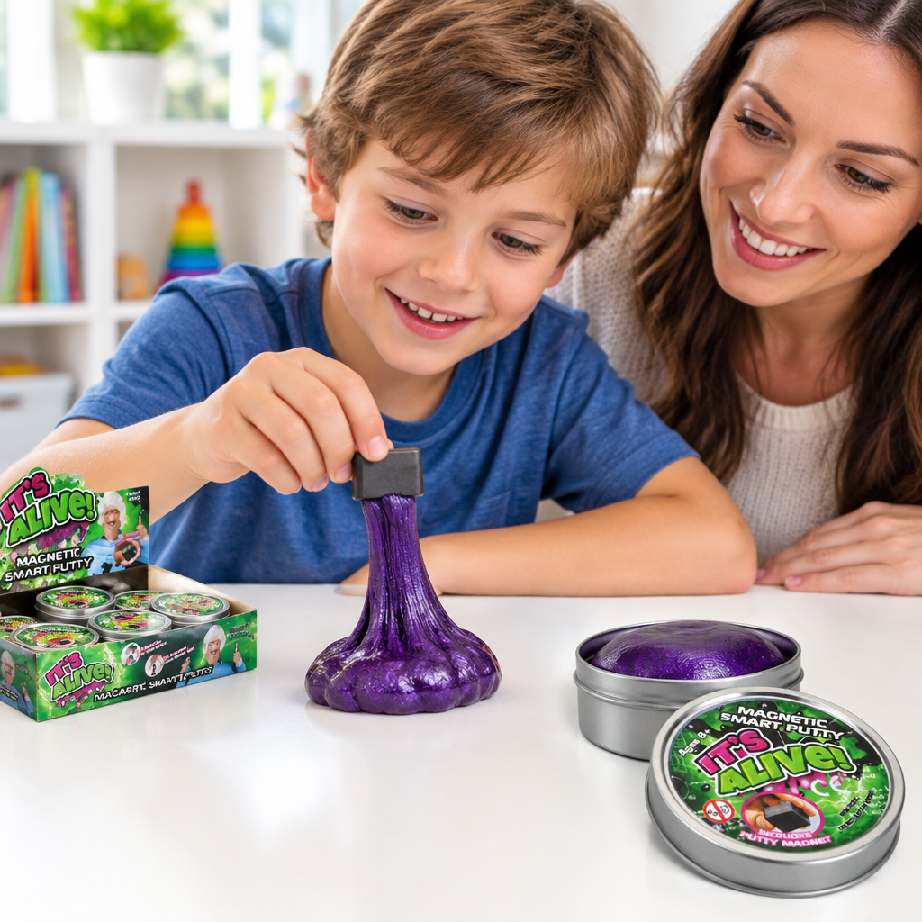 Bambino che prova la pasta magnetica viola con il magnete vicino al vasetto