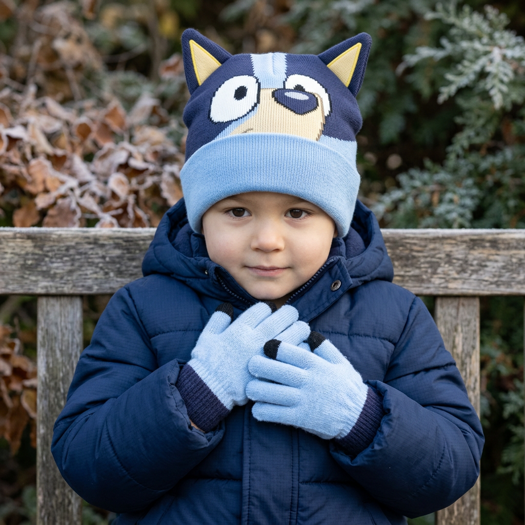 Cappello Bluey con orecchie e guanti coordinati, ritratto lifestyle