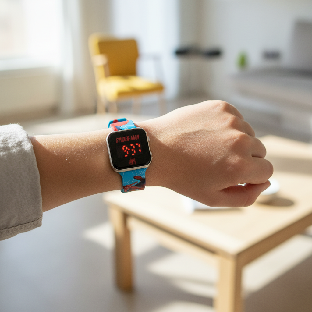 Bambino che indossa orologio digitale LED Spiderman