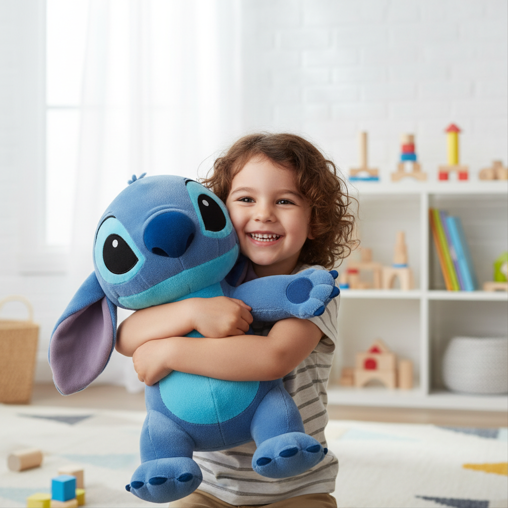 Bambino felice abbraccia peluche Stitch in playroom luminosa