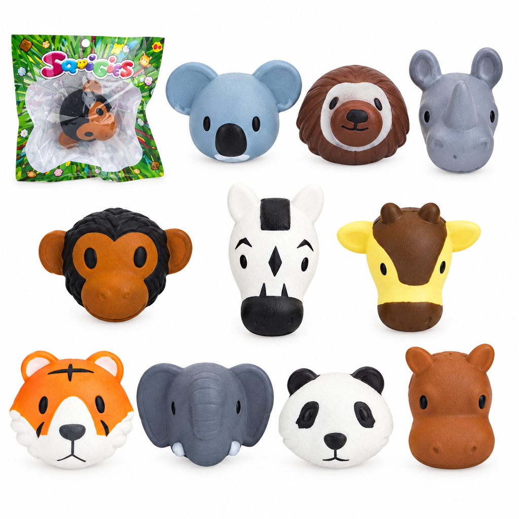 Assortimento di dieci Squishy Pets Face assortiti, con confezione
