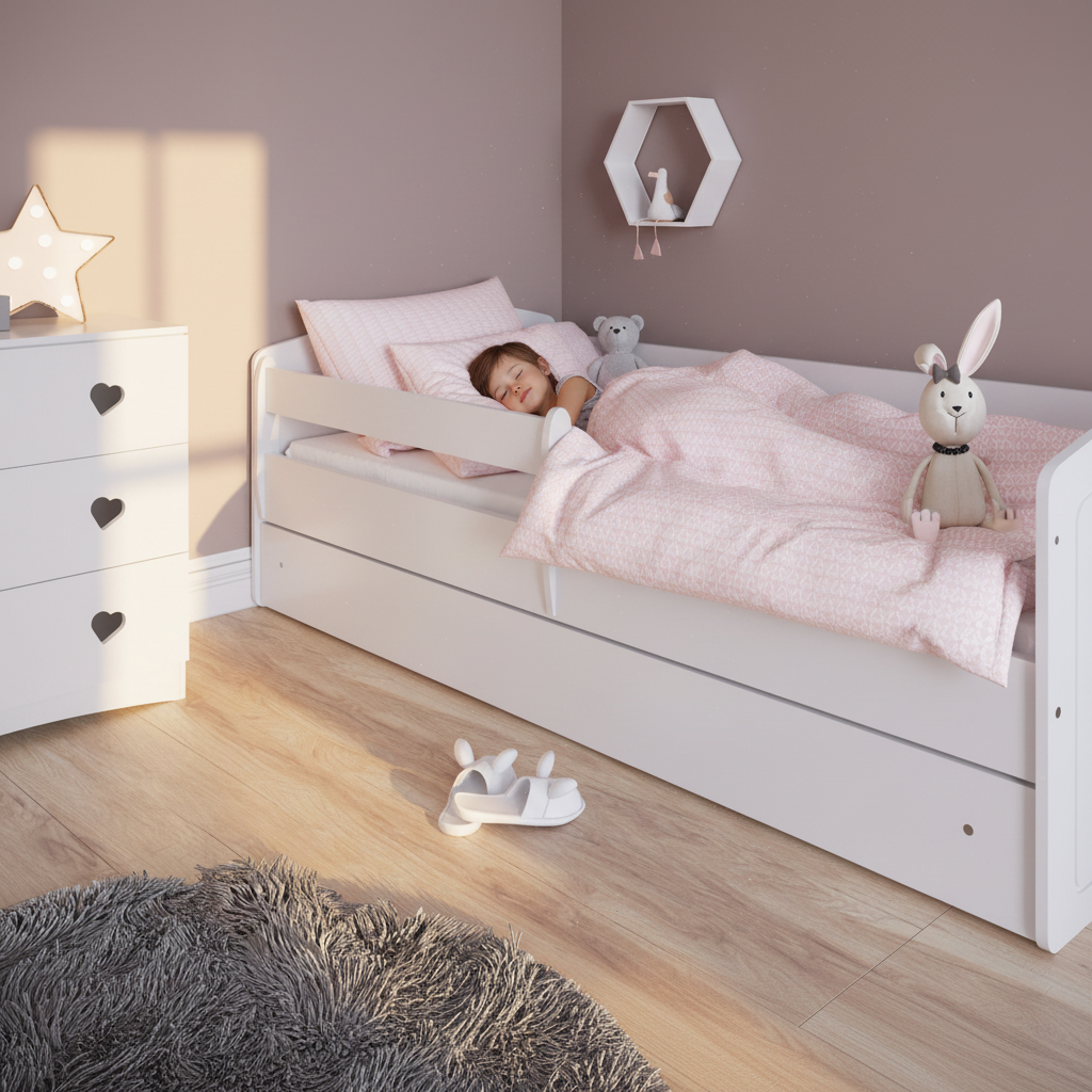 Bambina che dorme nel letto Julia con peluche