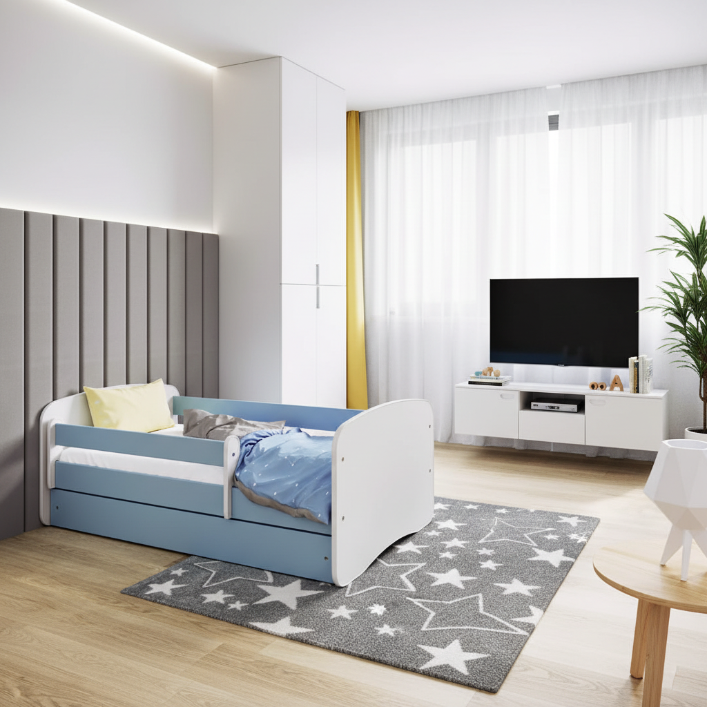 Cameretta bambini con letto bianco e azzurro organizzata