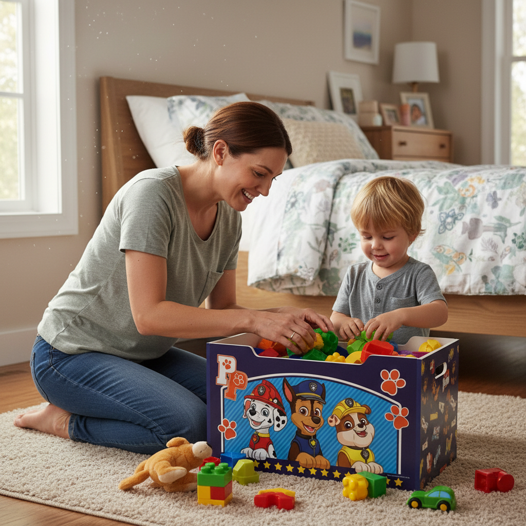 Genitore e bambino organizzano giocattoli insieme - momento famiglia lifestyle HD