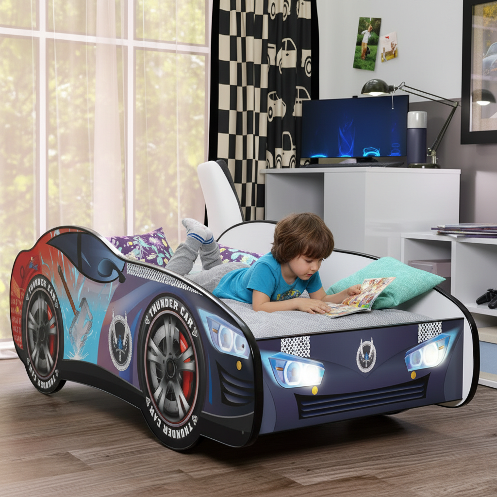 Bambino legge fumetto comodo su letto Thunder pomeriggio relax