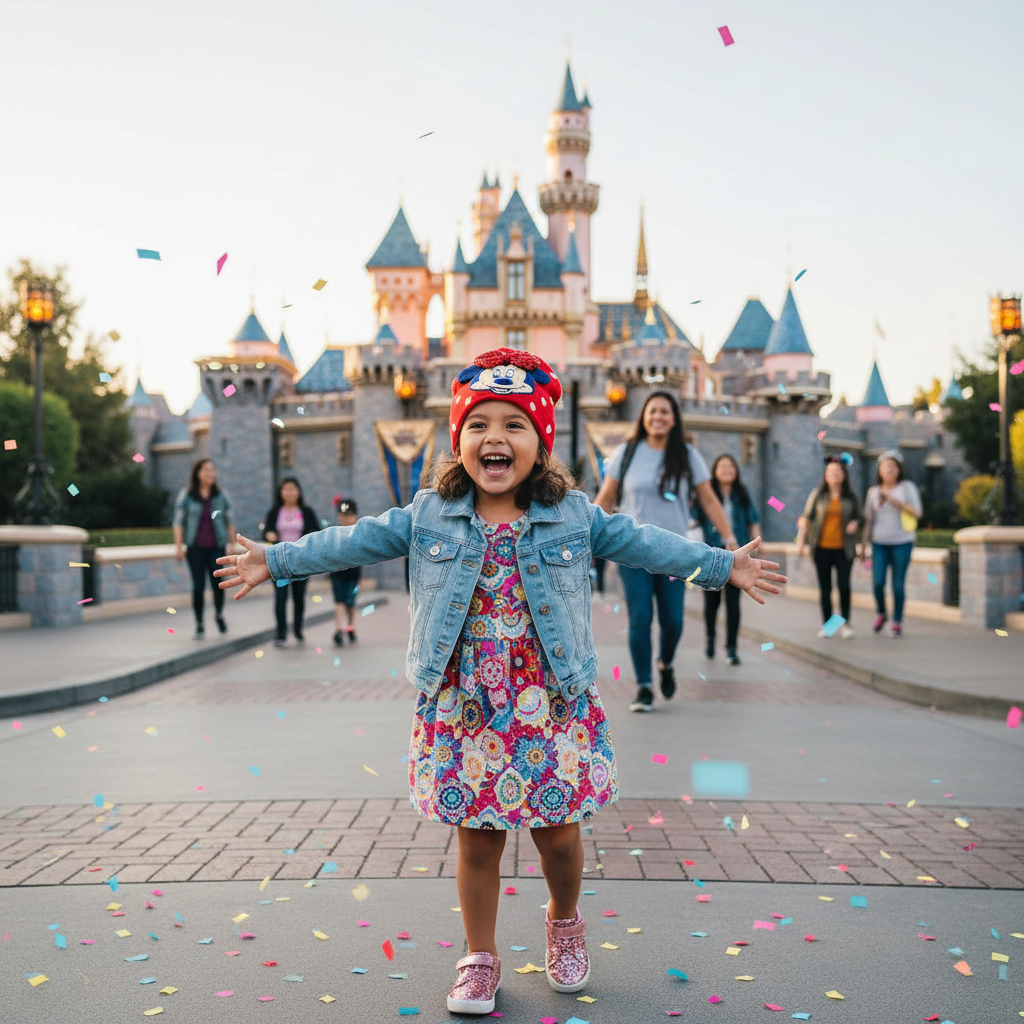 Bambina con cappello Minnie rosso gioca a Disneyland