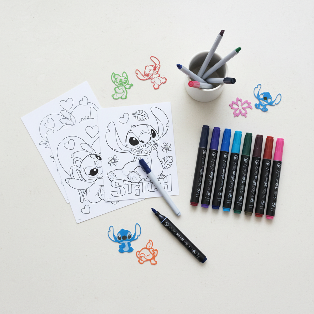 Vista dall'alto set colorare Stitch organizzato