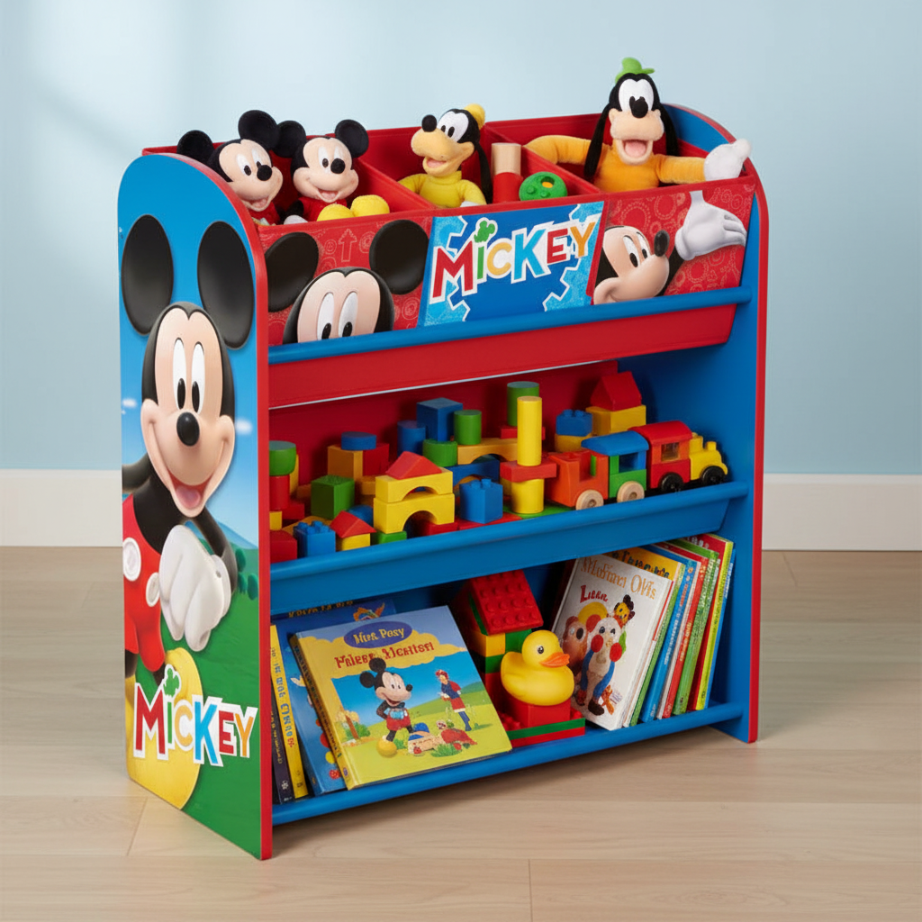 Dettaglio organizer Mickey Mouse in legno con ripiani colorati