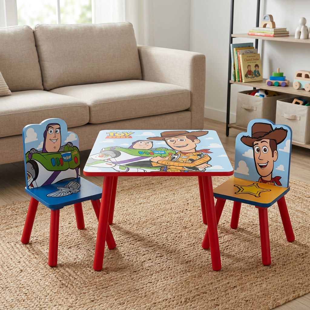 Tavolino Toy Story con due sedie nell’angolo giochi in soggiorno