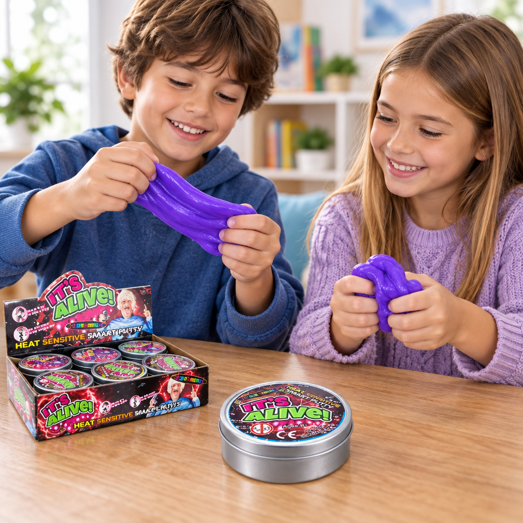 Due bambini che giocano con la pasta viola accanto al vasetto e alla confezione