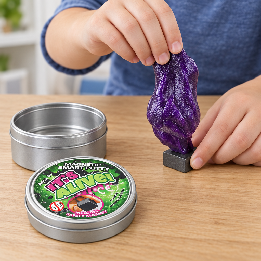 Mani di bambino che sollevano pasta magnetica viola sopra il vasetto metallico