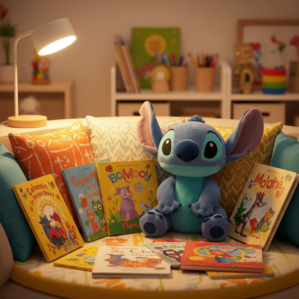 Peluche Stitch in angolo lettura con libri e cuscini