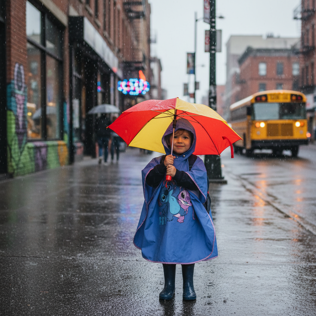 Mantellina antipioggia Stitch indossata da bambino a scuola giornata piovosa HD