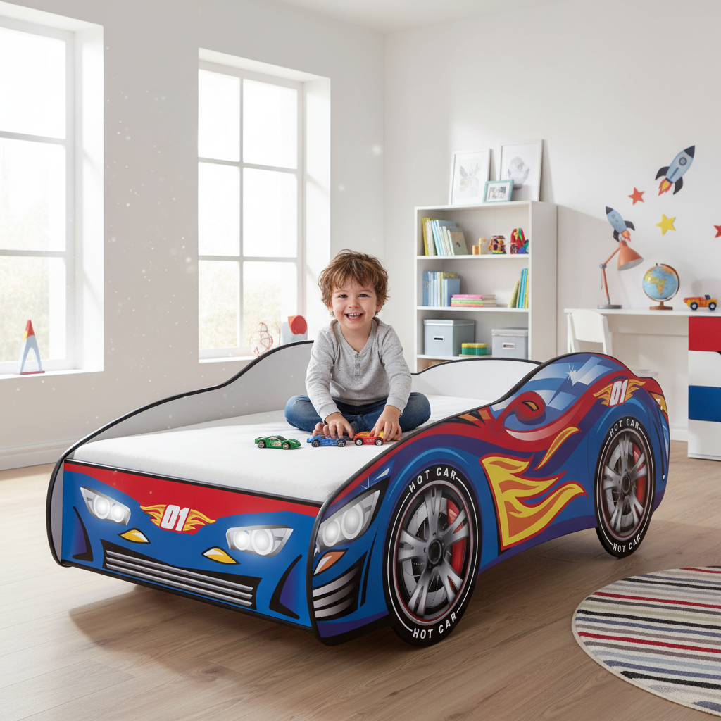 Letto Hotrace 01 LED cameretta moderna bambino felice gioca FULL HD