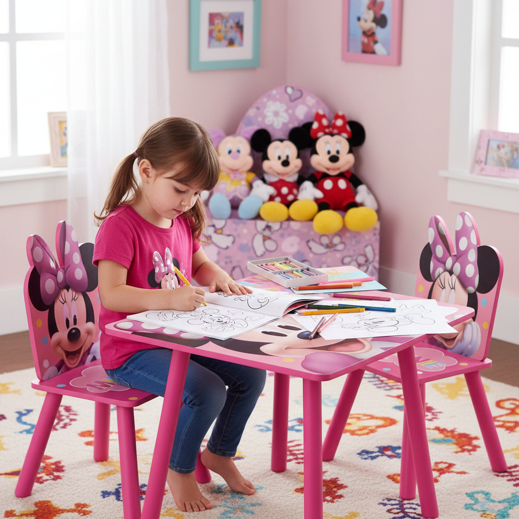 Bambina colora seduta al tavolo Minnie Mouse con sedie coordinate