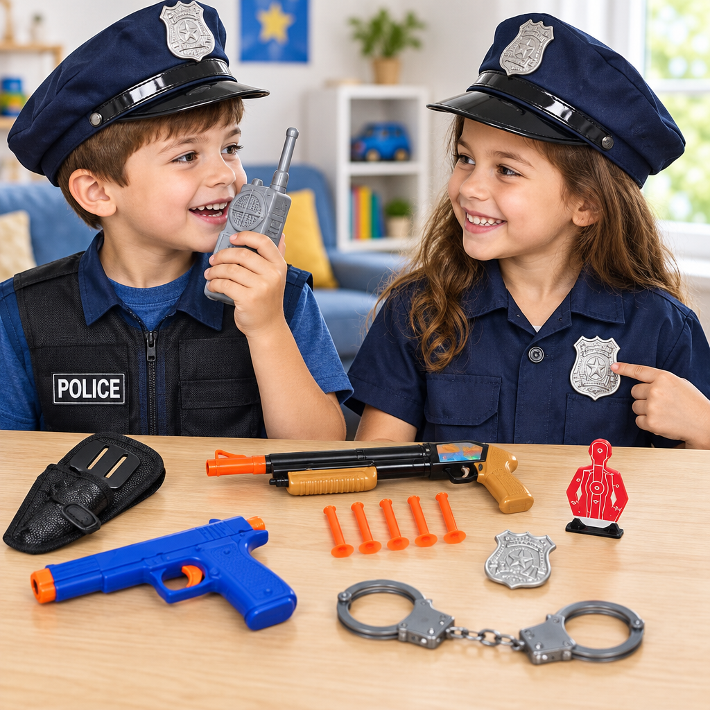Due bambini giocano a fare una pattuglia con gli accessori del set polizia.