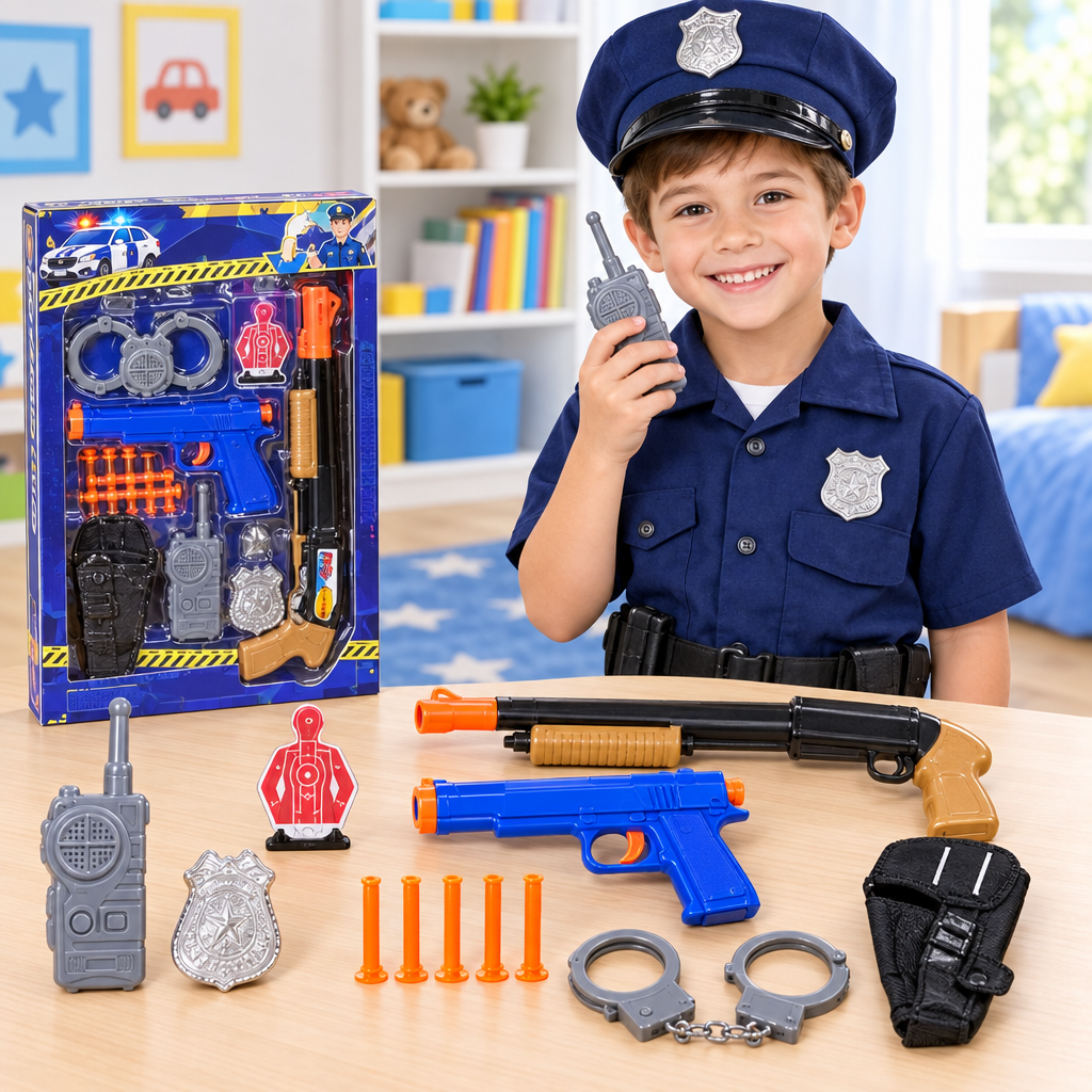 Bambino in costume usa il walkie-talkie accanto alla confezione e agli accessori del set.