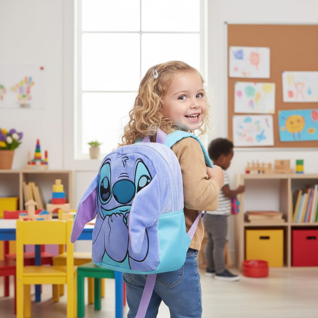 Bambino felice con zaino peluche Stitch asilo