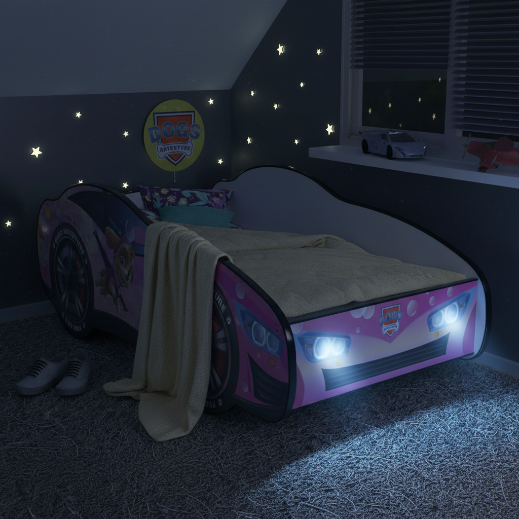 Letto Dogs Adventure con luci LED accese di notte atmosfera magica