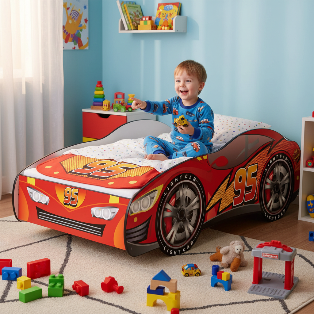 Bambino che gioca sul letto macchina rosso numero 95 in cameretta