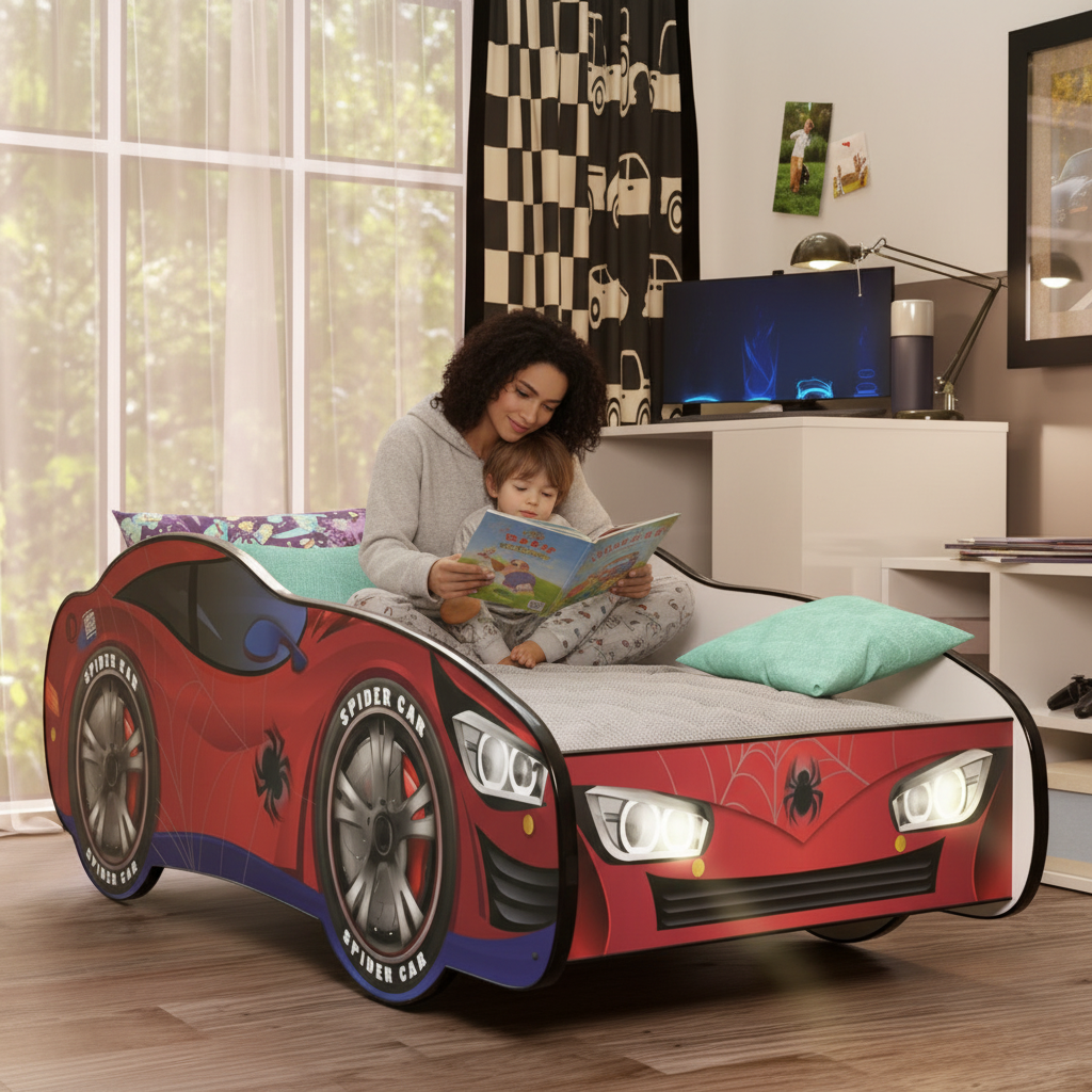 Genitore bambino leggono favola letto Spider-Man momento famiglia