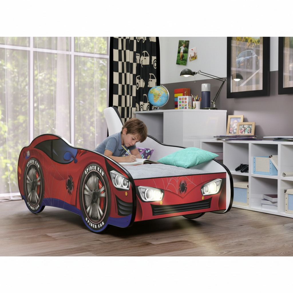 Bambino fa compiti scrivania letto Spider-Man LED studio pomeriggio