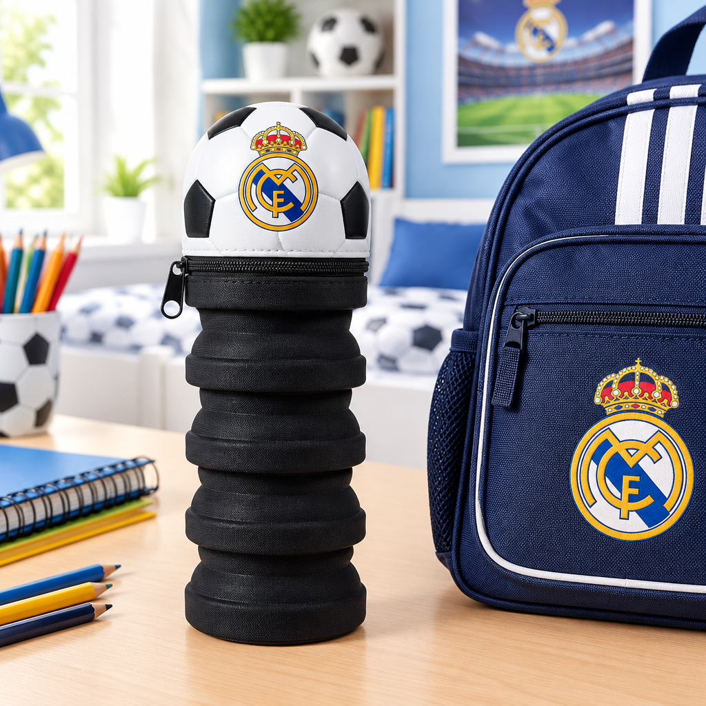 Astuccio nero allungabile Real Madrid vicino a uno zaino in una cameretta