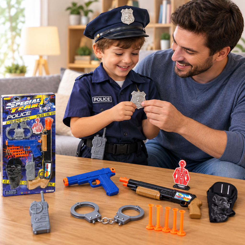 Adulto e bambino preparano un gioco di ruolo con gli accessori del set polizia.