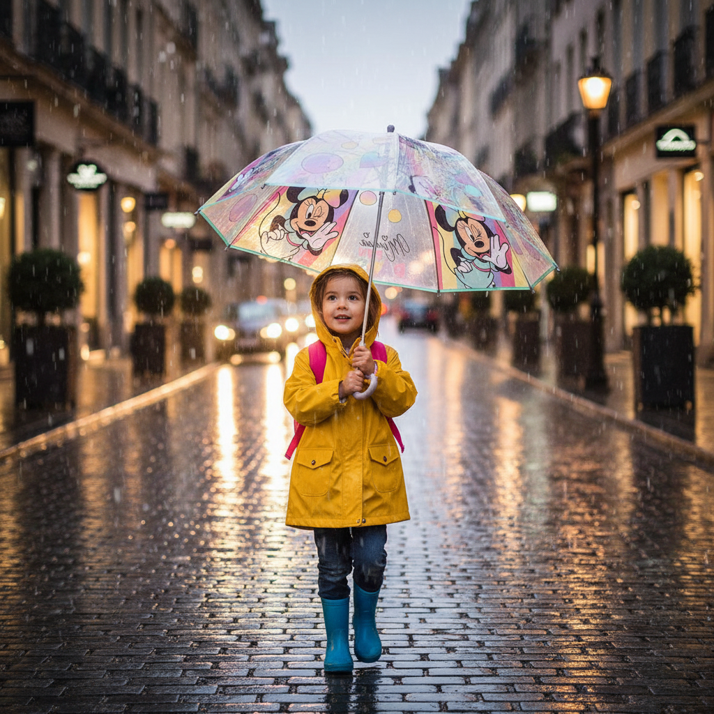Bambina con ombrello Minnie trasparente cammina per strada piovosa