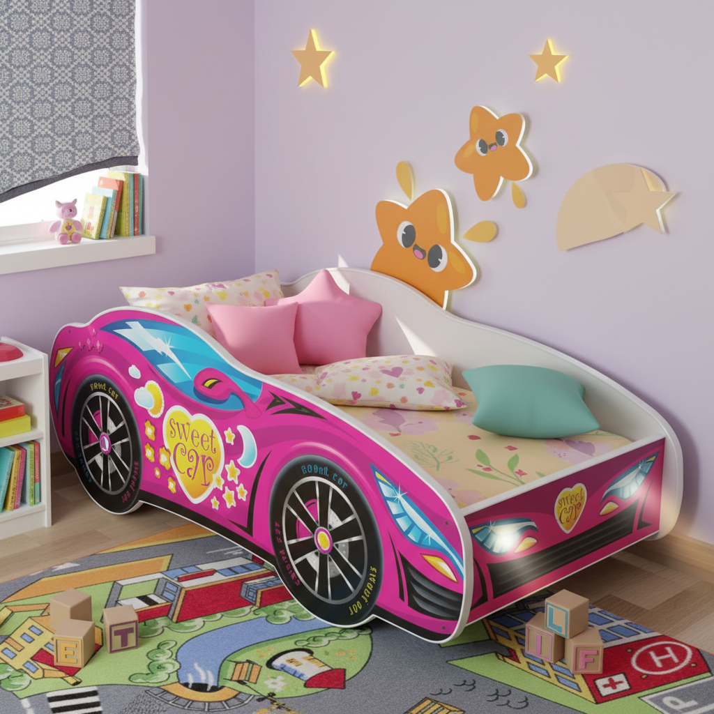 Letto macchina rosa con materasso e biancheria coordinata