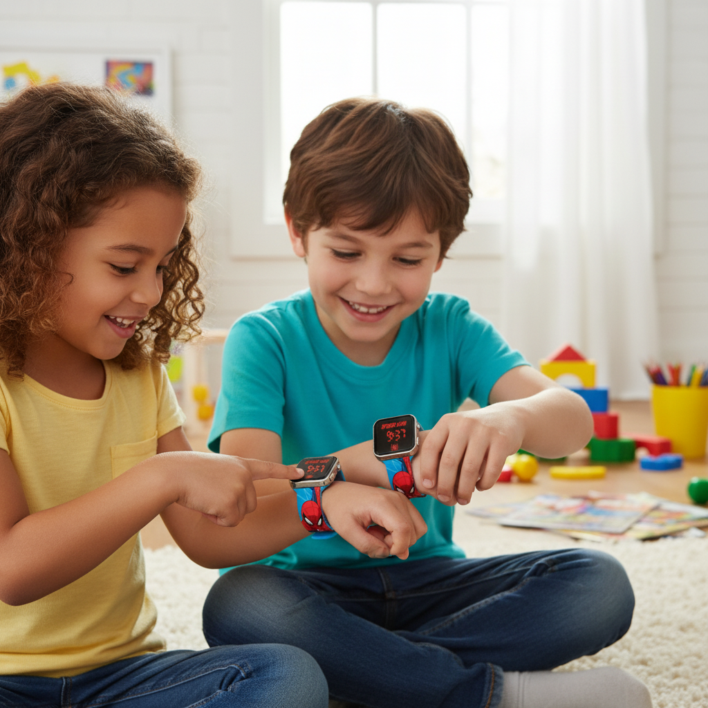 Bambini che mostrano orologi Spiderman ai polsi