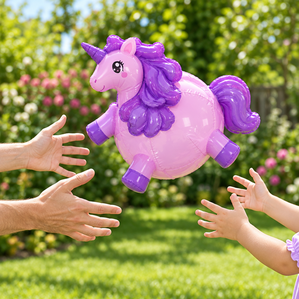 Mani che giocano a prendere il palloncino unicorno gonfiabile all'aperto