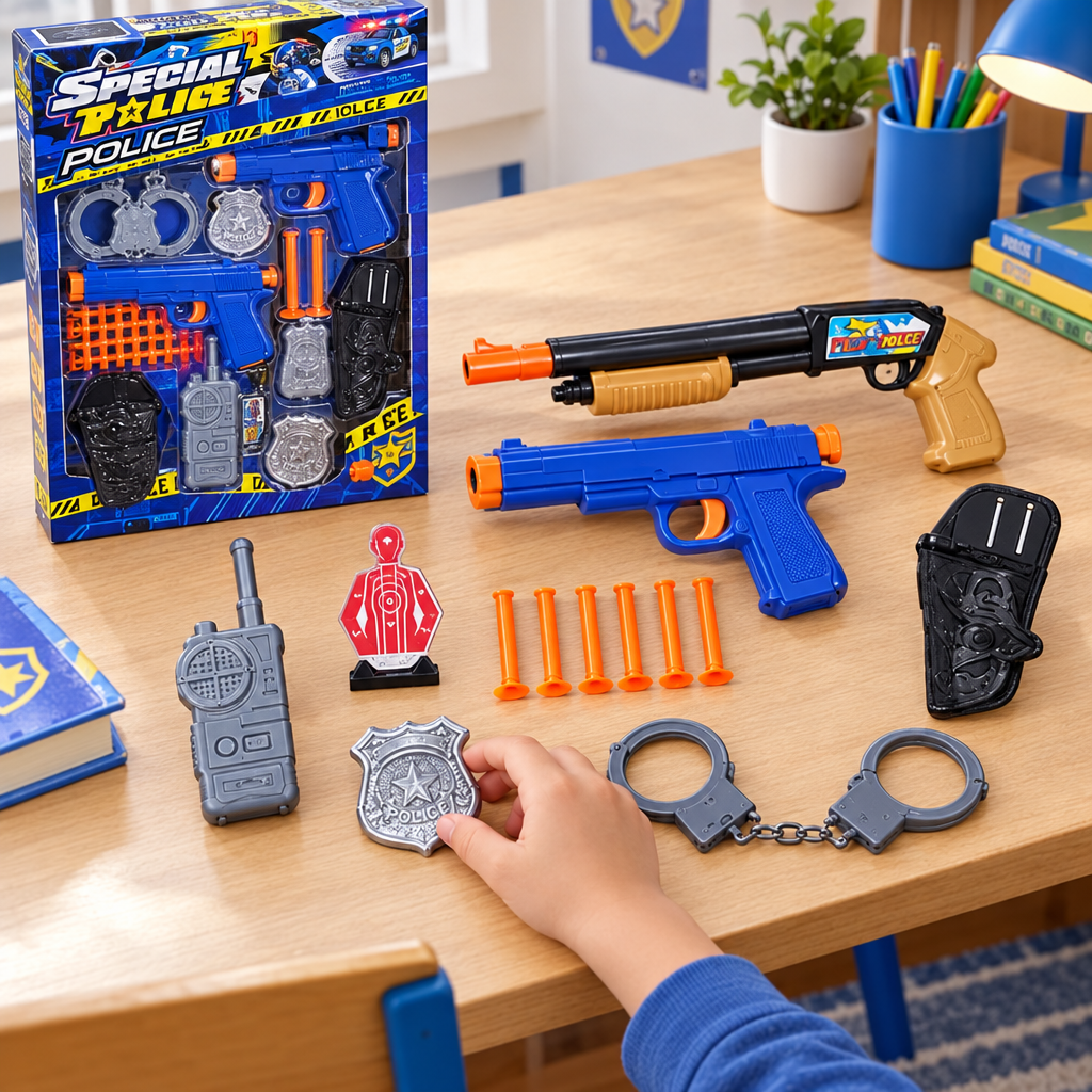 Accessori colorati del set polizia ordinati su una scrivania per bambini.