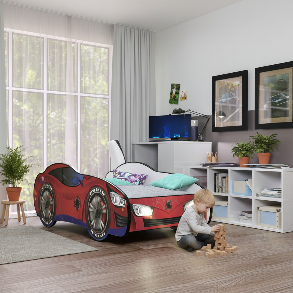 Letto Spider-Man LED cameretta scandinava minimalista bianca legno