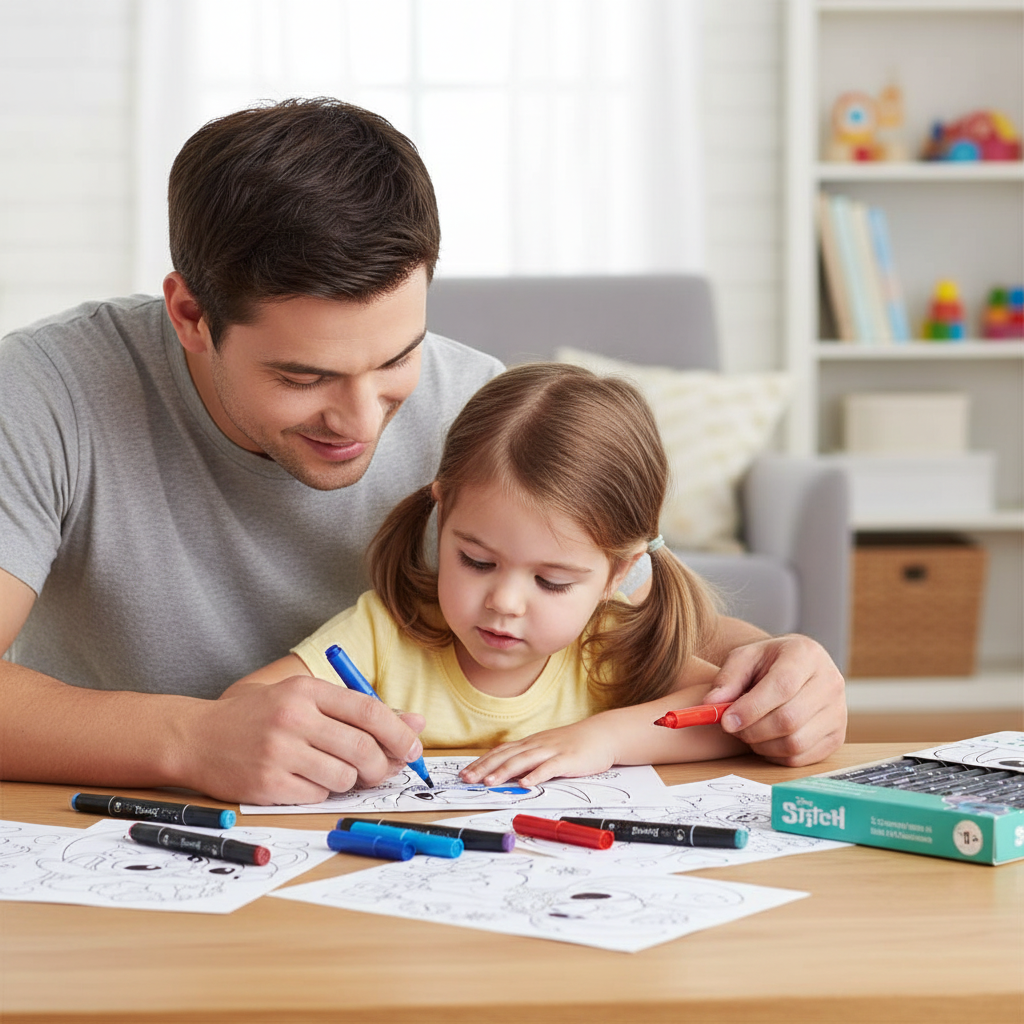 Genitore e bambino colorano insieme Stitch