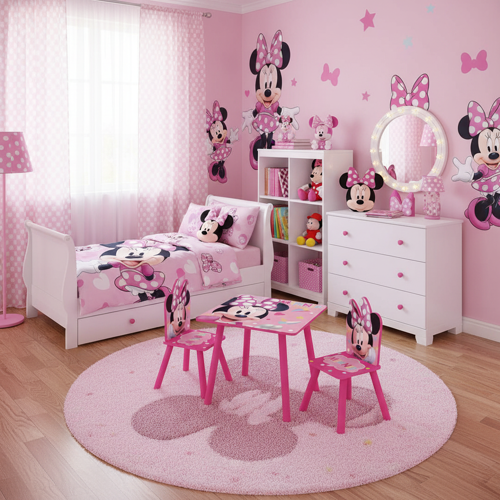 Cameretta stile Minnie Mouse con set tavolo e sedie completo