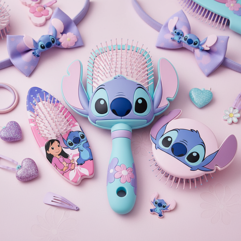 Dettaglio spazzole capelli Stitch rosa viola