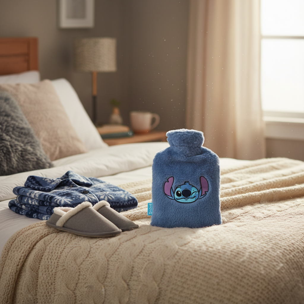 Boule termico Stitch su letto con pigiama invernale atmosfera cozy HD
