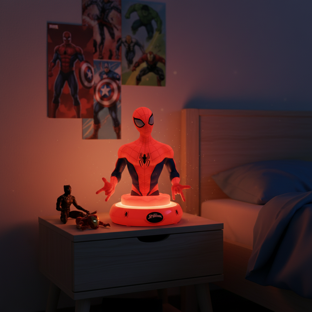 Lampada 3D Spiderman illuminata su comodino in cameretta sera