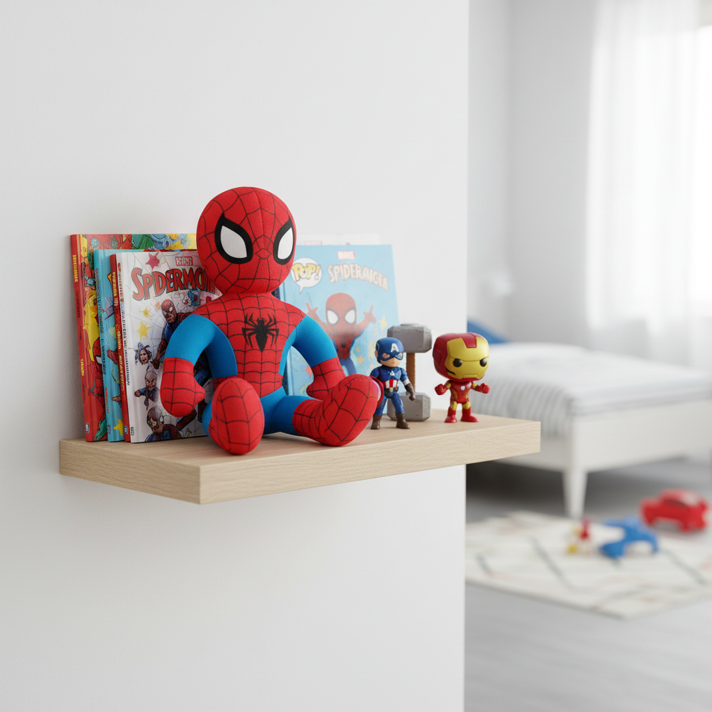 Peluche Spiderman esposto su scaffale collezione Marvel