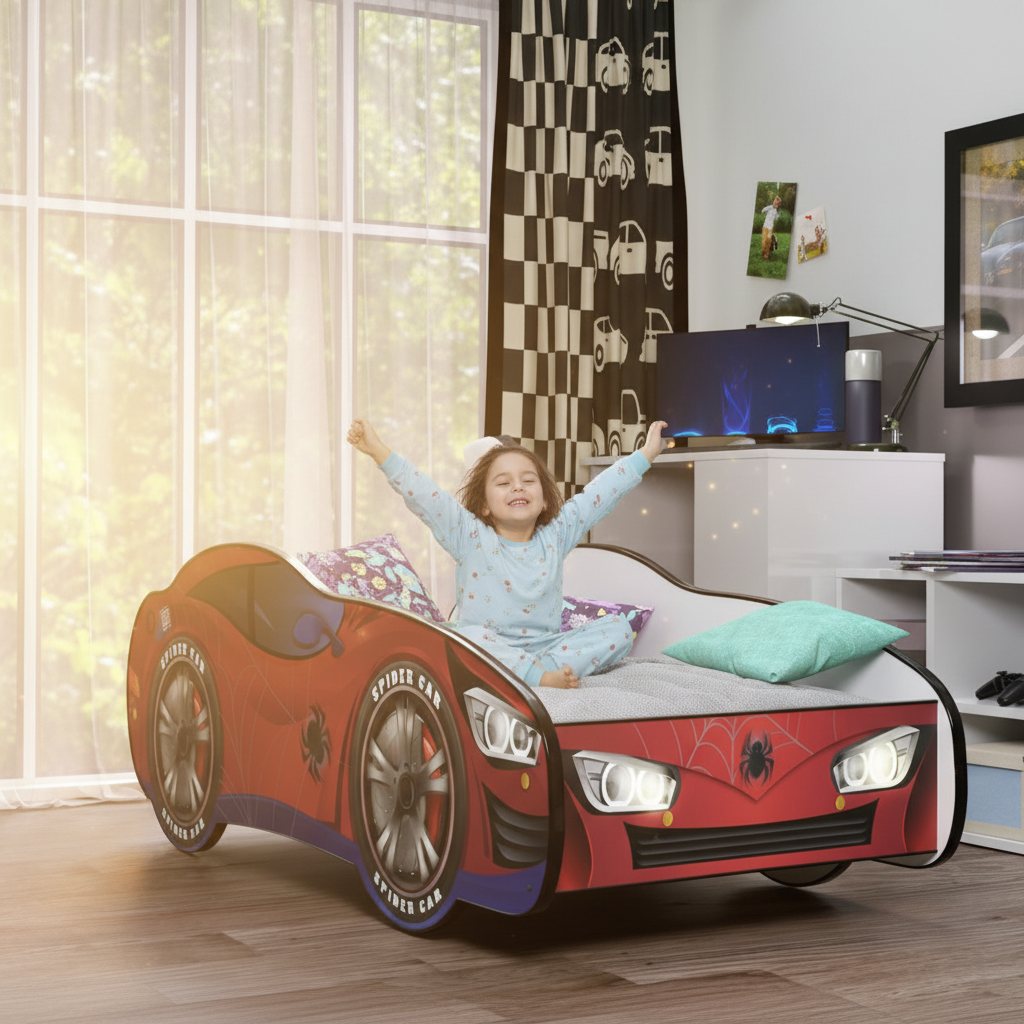 Bambino sveglia mattino letto Spider-Man sole finestra