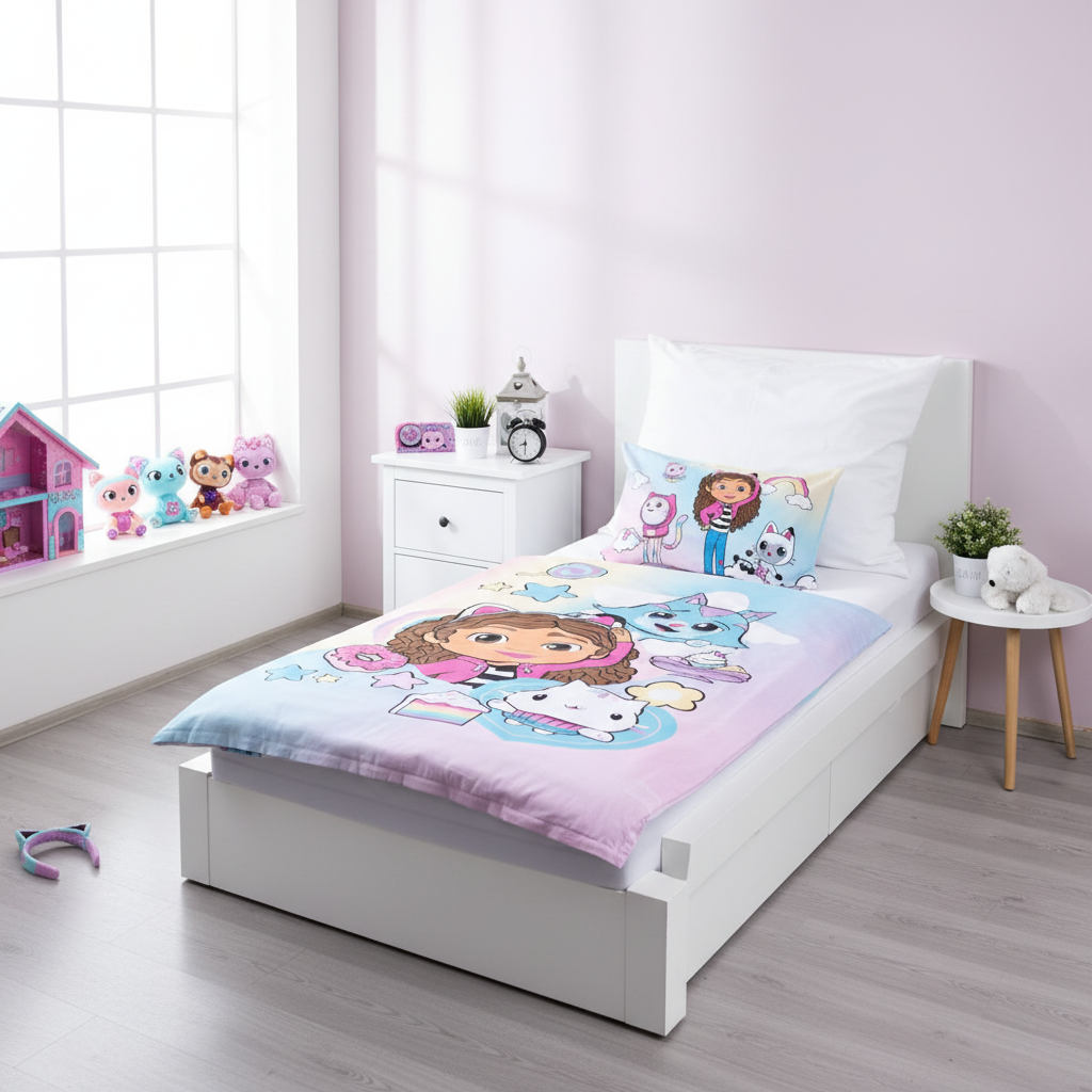 Vista grandangolare cameretta con biancheria Gabby's Dollhouse